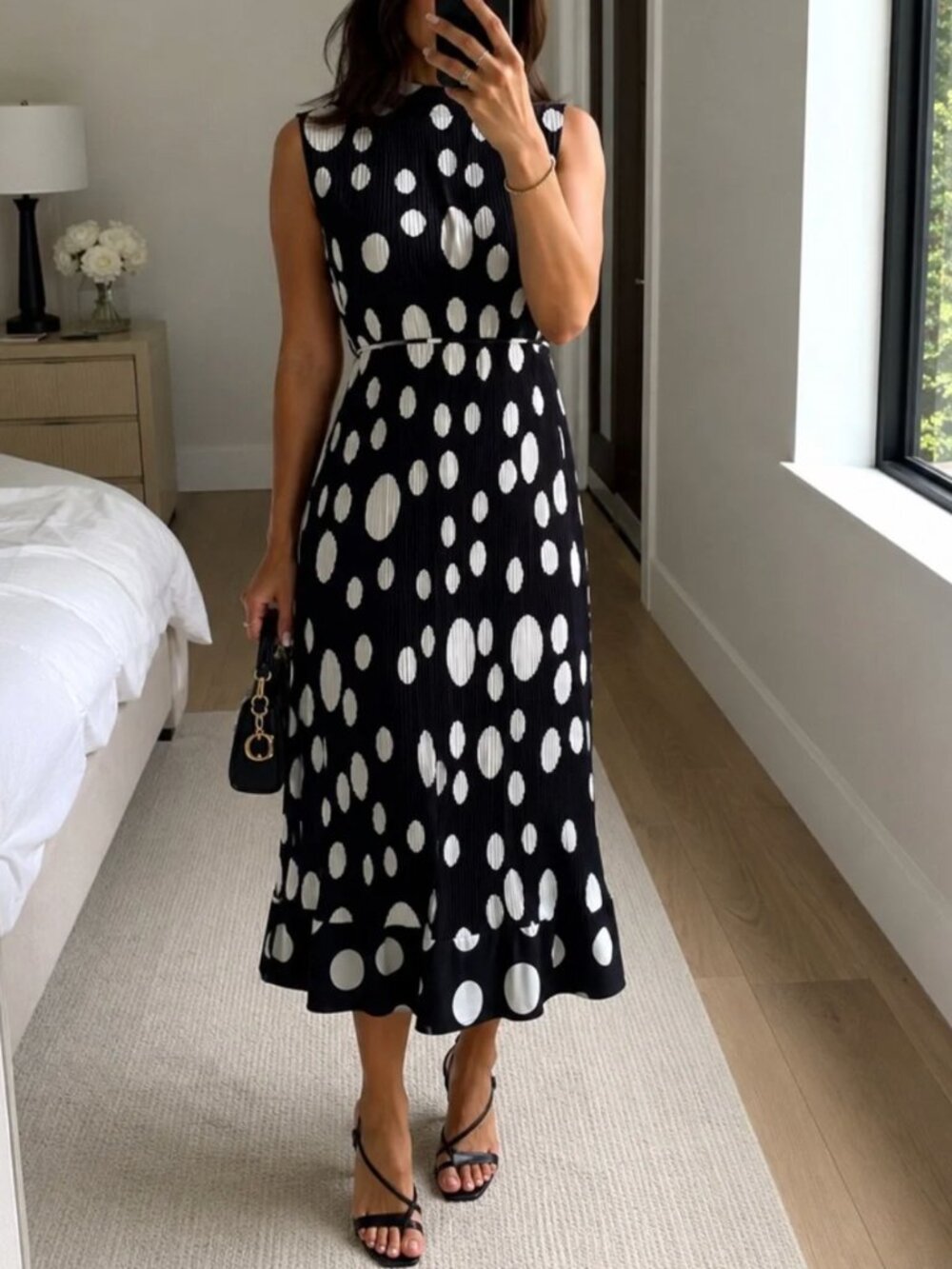 Milly Melina Pleated Scatter Dot Midi Dress - Black White Polka Dot Sleeveless